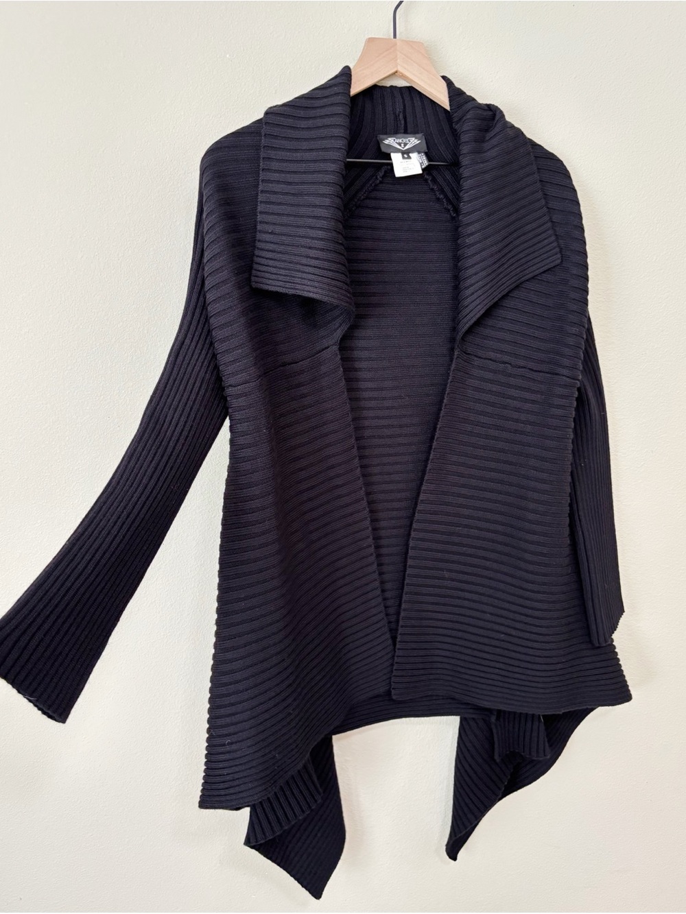 Angel Black Ribbed Open-Front Draped Cardigan - Picture 7 of 8